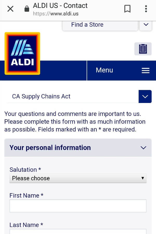 facial misbranding Aldi Contact CA Supply Chains Act comment form