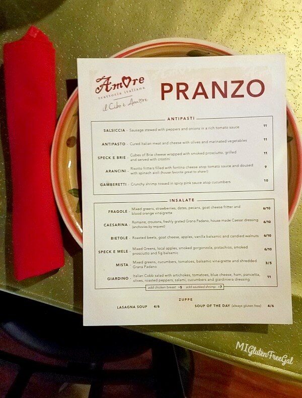 Amore Trattoria Italiana Menu with Gluten Free Options