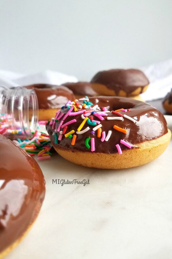 gluten free donut dipped in chocolate with sprinkles closeup