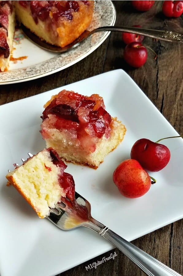 cherry gluten free upside down cake bite on fork