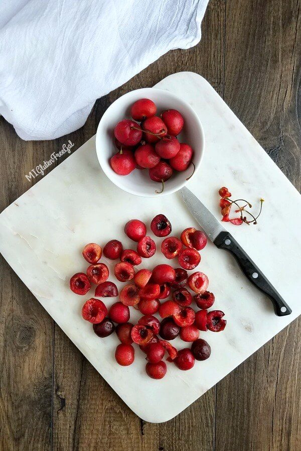 upside down cake cherries on cutting board