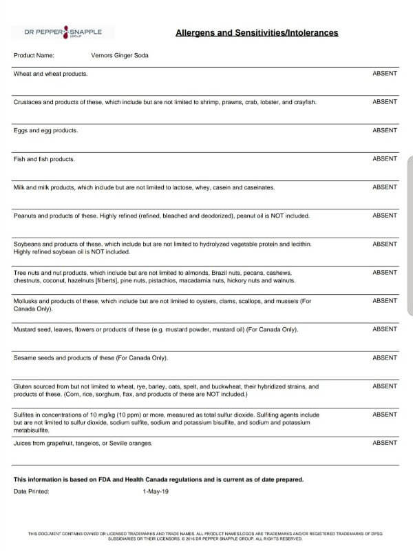 Vernors Ginger Soda Allergens and Sensitivities Consumer Report Sheet 