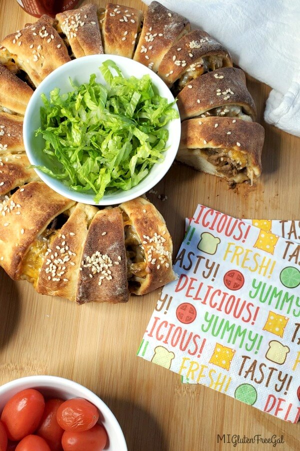 gluten free cheeseburger crescent ring close up overhead