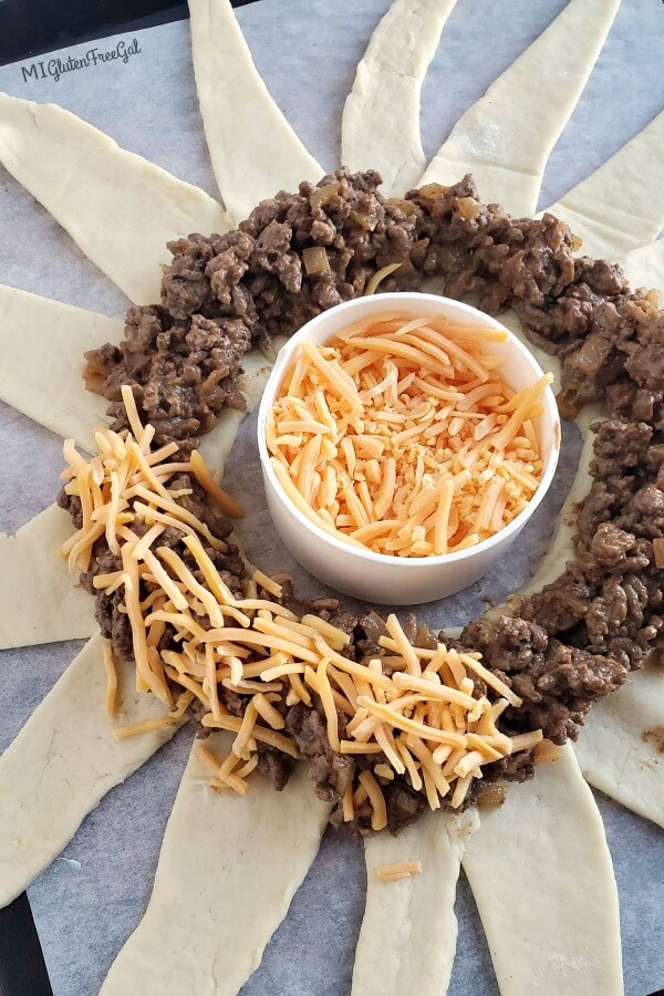 gluten free cheeseburger crescent ring filled before rolling 