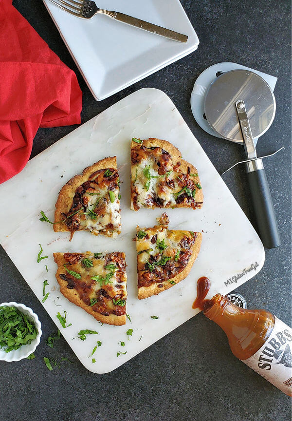 gluten free bbq chicken pizza made with Stubb's BBQ Sauce pizza