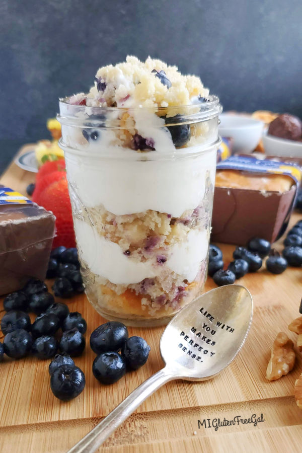 Gluten free breakfast parfait mde with gem city blueberry lemon loaf