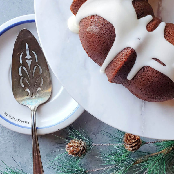 gluten free gingerbread bundt cake with lemon glaze