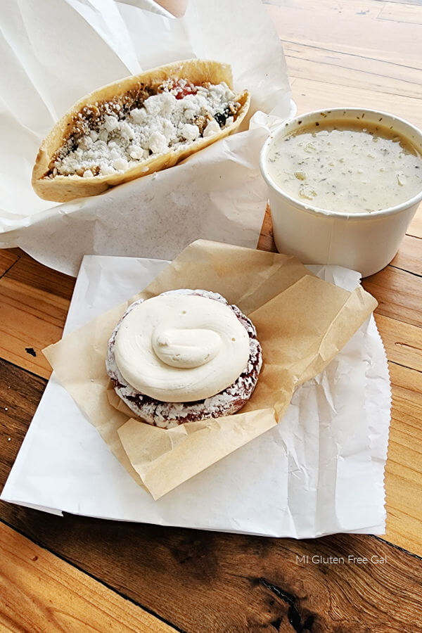 GloFoods Vegan Greek Chick'n pita, soup and gluten free red velvet cookie