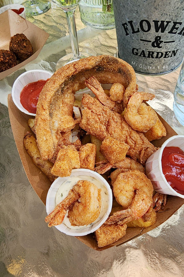 Gluten Free Shrimp, Squid Bites, perch and french fries from De Food Truck