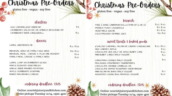 Nourish Juicery Kitchen in Blissfield Michigan Gluten Free Christmas dinners to go menu