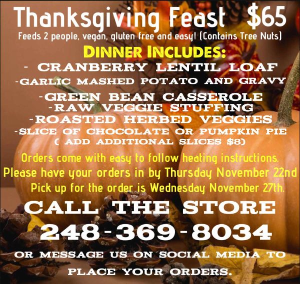 Jacq and Diane's Juice Box in Holly, MI offers a vegan and gluten free Thanksgiving Dinner to go