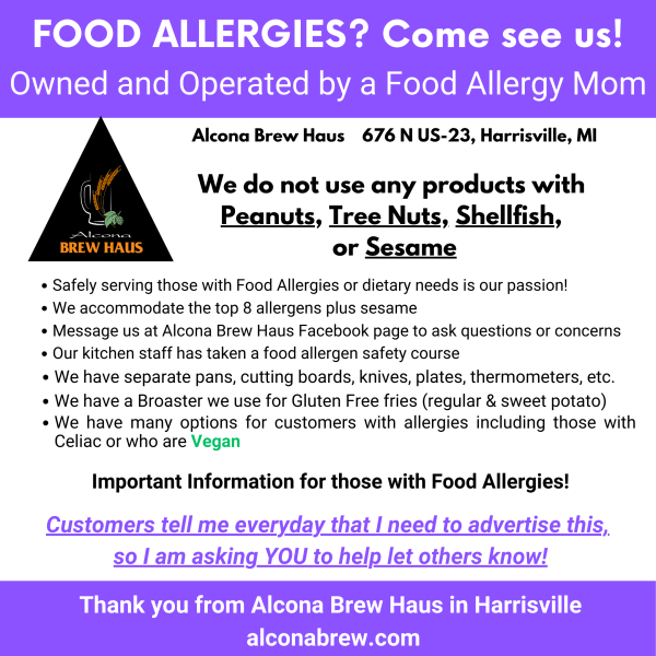 Alcona Brew Haus Gluten Free and Food Allergy Accommodations