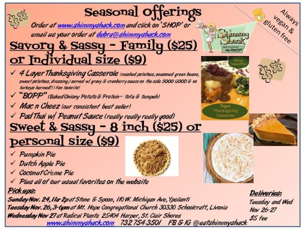 Shimmy Shack in Plymouth Michigan is offering a gluten free and vegan Thanksgiving menu