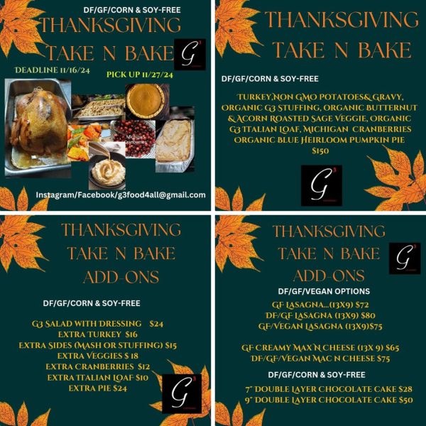 G 3 Food 4 All in Lansing, MI offers a gluten free Take N Bake dinner for Thanksgiving