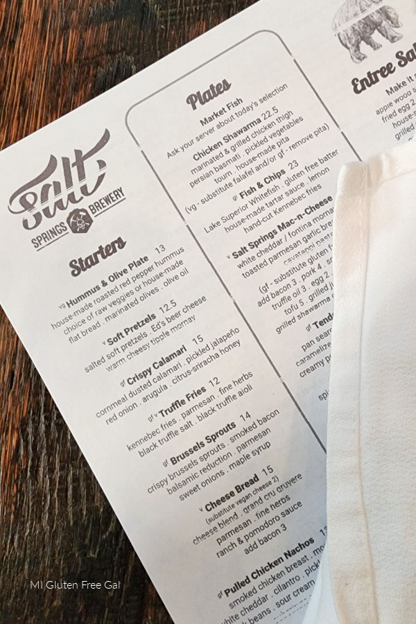 Gluten Free options are notated on the Salt Springs Brewery menu. 