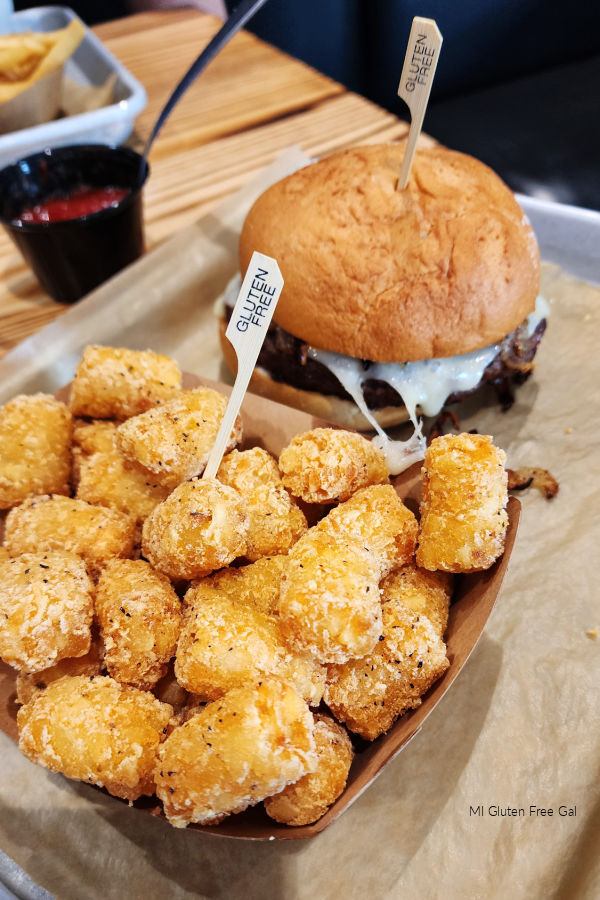 Gluten Free Burger and Tater Tots at 5 Lakes Brew Pub in Byron Center, MI