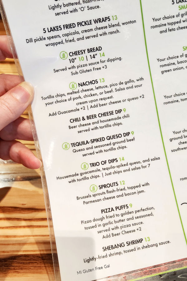 Gluten Free Options marked on the menu at 5 Lakes Brew Pub