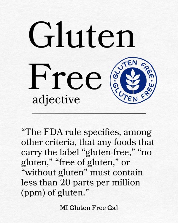 Image listing the United States definition of the term "gluten free," which is any foods with a gluten free claim must contain less than 20 ppm of gluten.