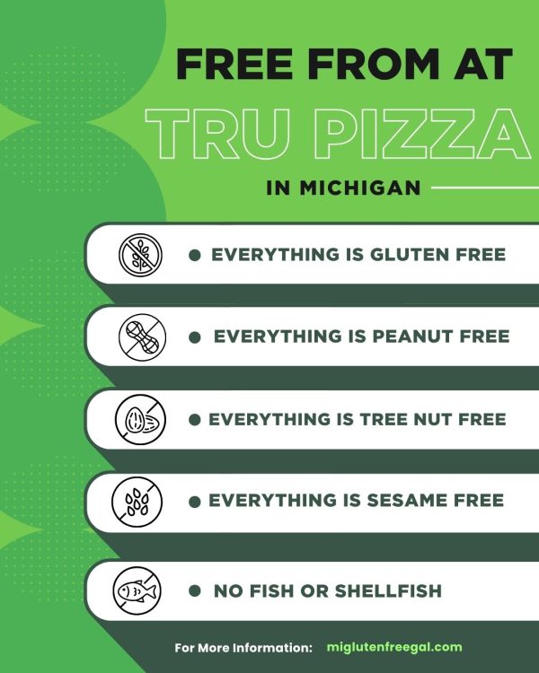 Everything at Tru Pizza in Michigan is Gluten Free, Peanut Free, Tree Nut Free, Sesame Free and free from fish and shellfish