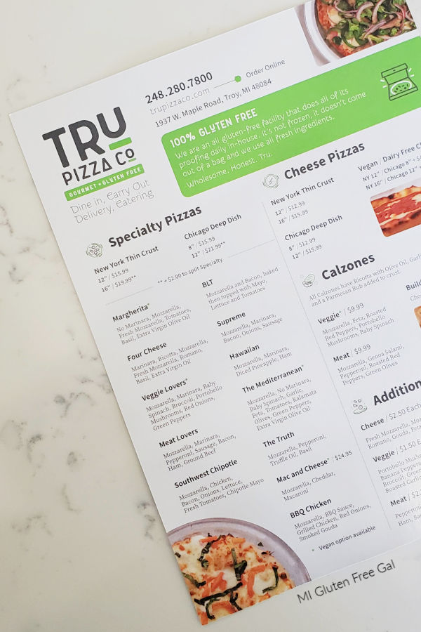 Tru Pizza 100% Gluten Free Menu in Michigan