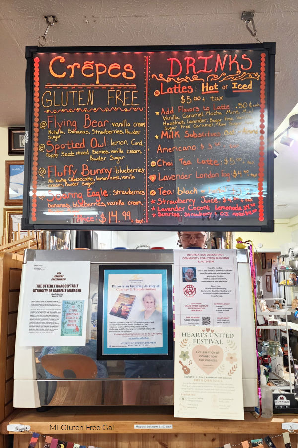Gluten Free Crepe and Drink Menu at Newaygo Bookstore